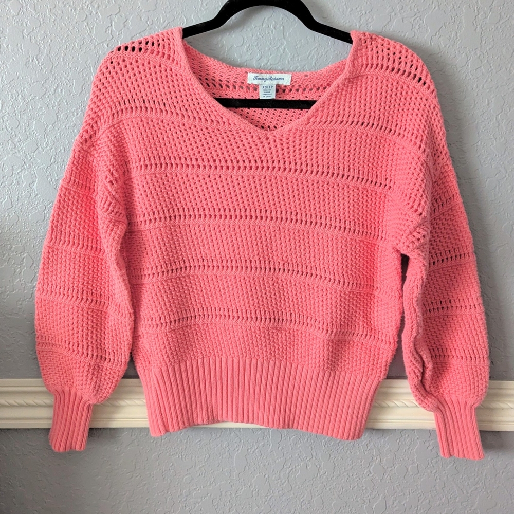 Tommy Bahama XS Channel Isle Cotton V-Neck Sweater Tutti Frutti Coral